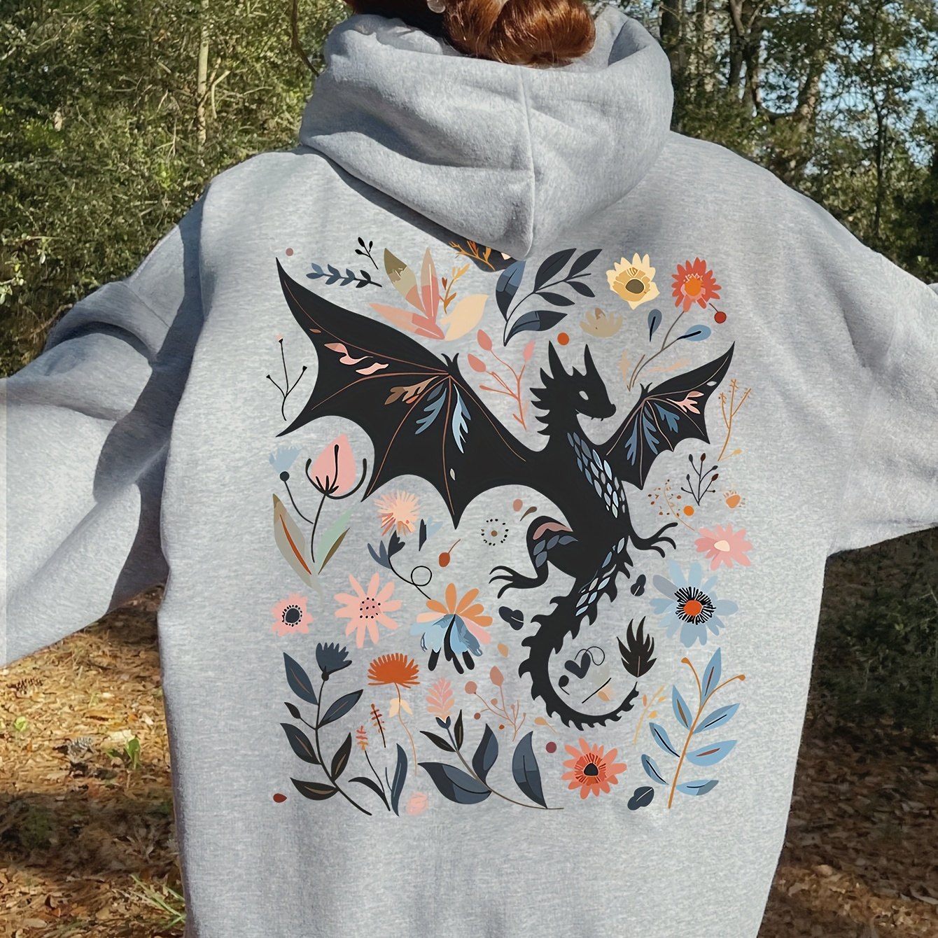 

Women's Plus Size Casual Hoodie With Dragon Print - Cozy Polyester, Machine Washable, Drawstring & Kangaroo Pocket