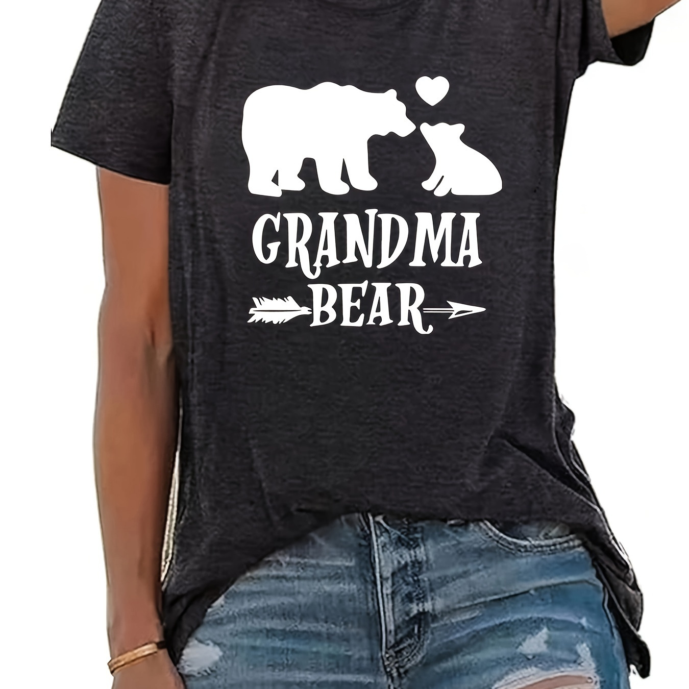 

Grandma Bear Print Crew Neck T-shirt, Short Sleeve Casual Top For Summer & Spring, Women's Clothing