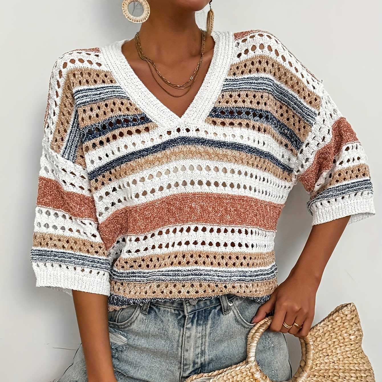 

Plus Size Color Block Hollow Out Knitted Top, Casual 3/4 Sleeve V Neck Top For Spring & Summer, Women's Plus Size Clothing