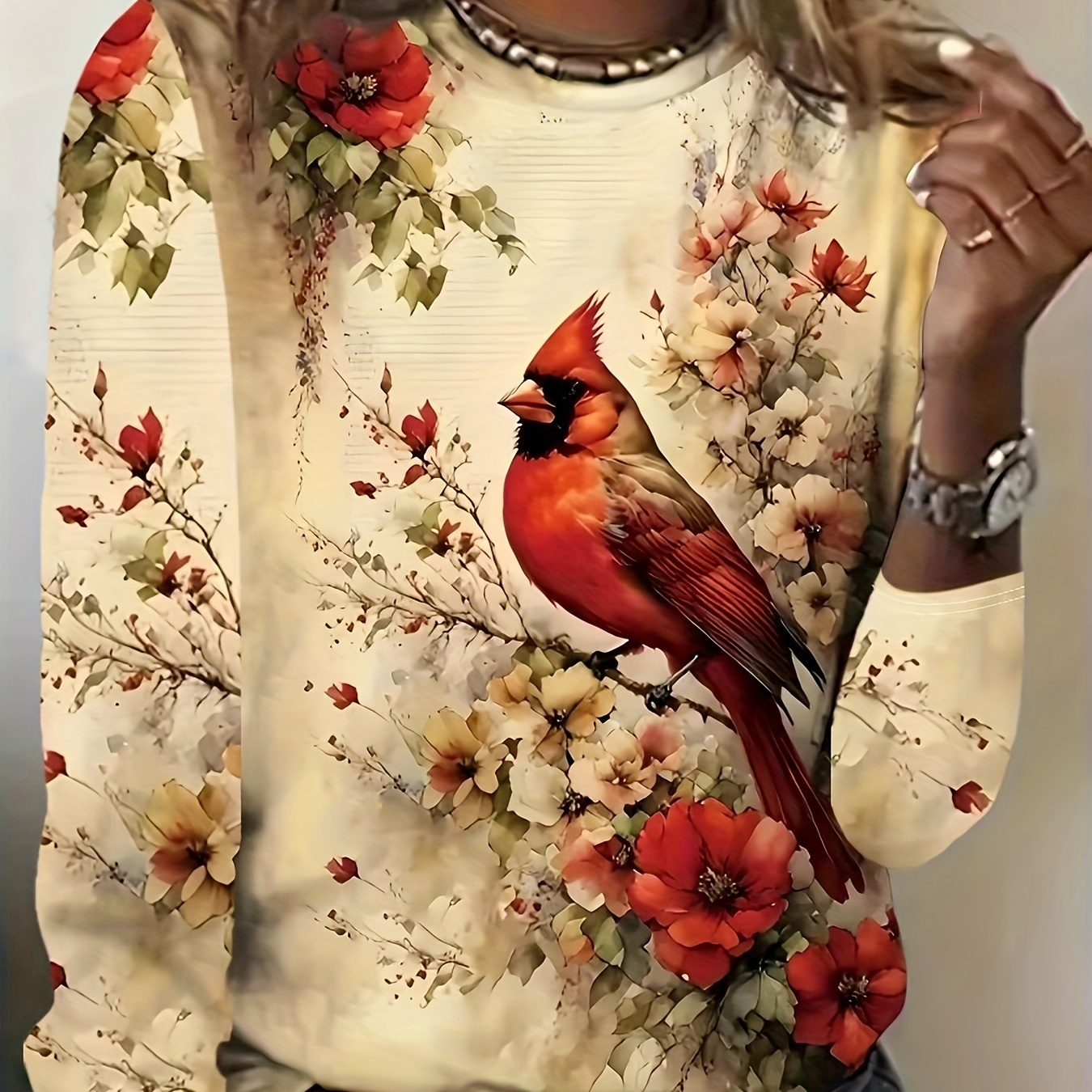 

Floral Neck T-shirt, Casual Long Sleeve Top For Spring & Fall, Women's Clothing