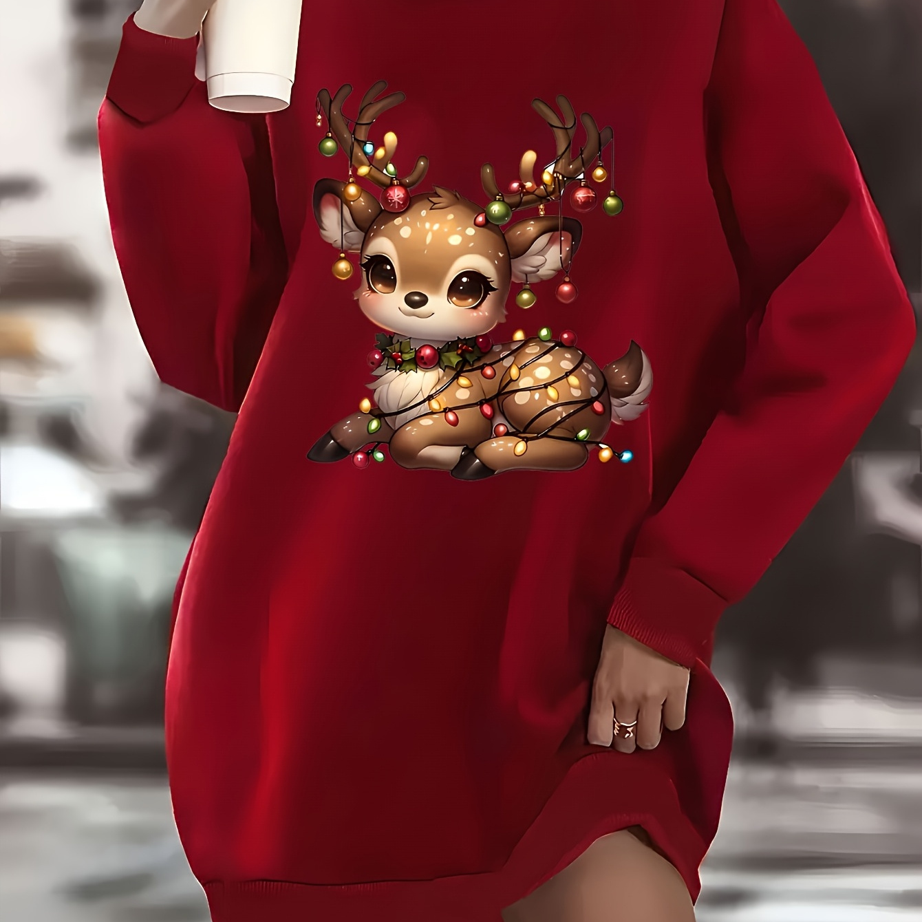 

Size Women's Sweatshirt Dress - Casual Crew Neck With Festive Reindeer Print, Long Sleeve, Polyester - Fall/winter