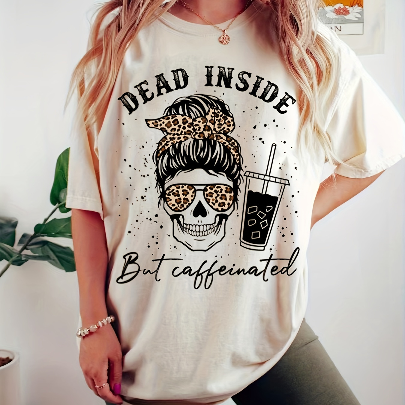 

Leopard Skull Print Crew Neck T-shirt, Casual Short Sleeve Top For Spring & Summer, Women's Clothing