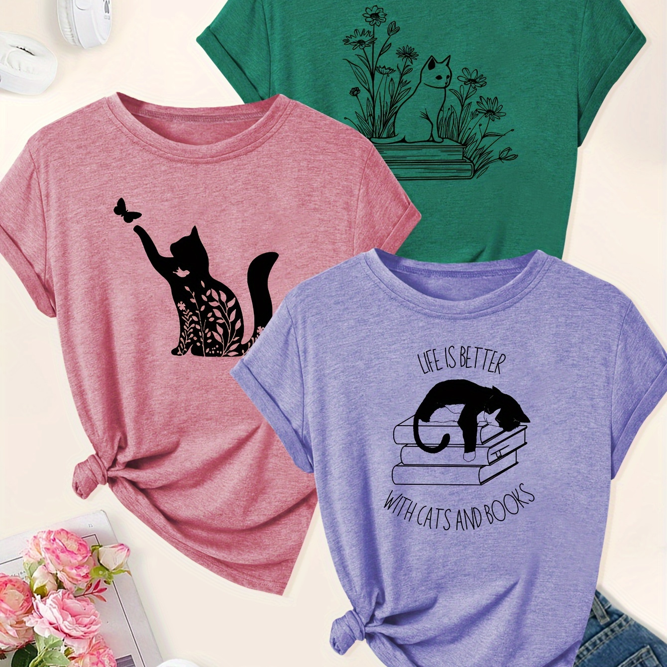 

3-pack Elegant T-shirts For Women, Cat And Butterfly Print, Crew Neck, Short Sleeve, Knit Fabric, Casual Sporty Style For Spring/summer/fall