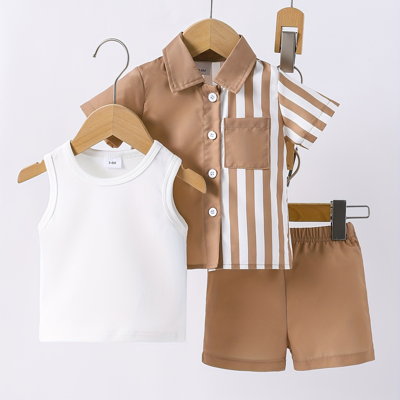 

3pcs Baby's Casual Summer Set, Short Sleeve Shirt & Tank Top & Shorts, Baby Boy's Clothing