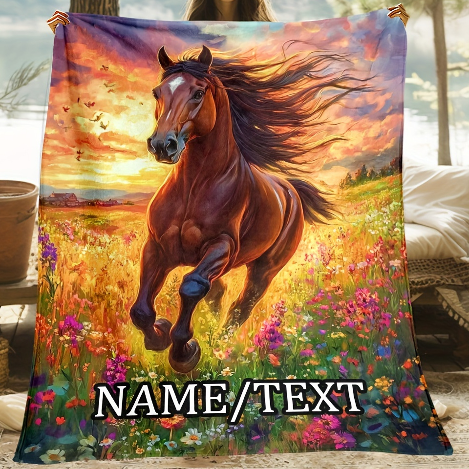 

Personalized Horse Pattern Flannel Throw Blanket - Soft, Lightweight & For Couch, Bed, Travel & Office - Custom Name Option - Perfect Gift For Family & Friends