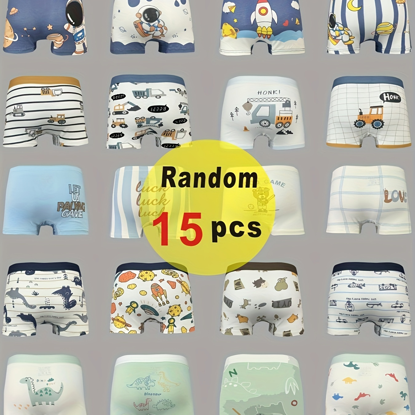 

Random 15pcs Boy's Cotton Boxer Briefs, Cute Cartoon Car & Dinosaur & Letter Print Shorts, Comfy Breathable Soft Underwear, Kids Clothes