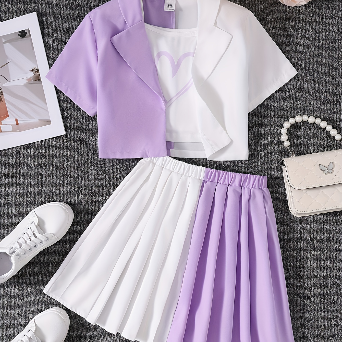 

3pcs, Color Spliced Short Sleeve Shirt + Camisole + Matching Pleated Skirt Girls Outfit Set - Versatile For Summer & Casual Outings