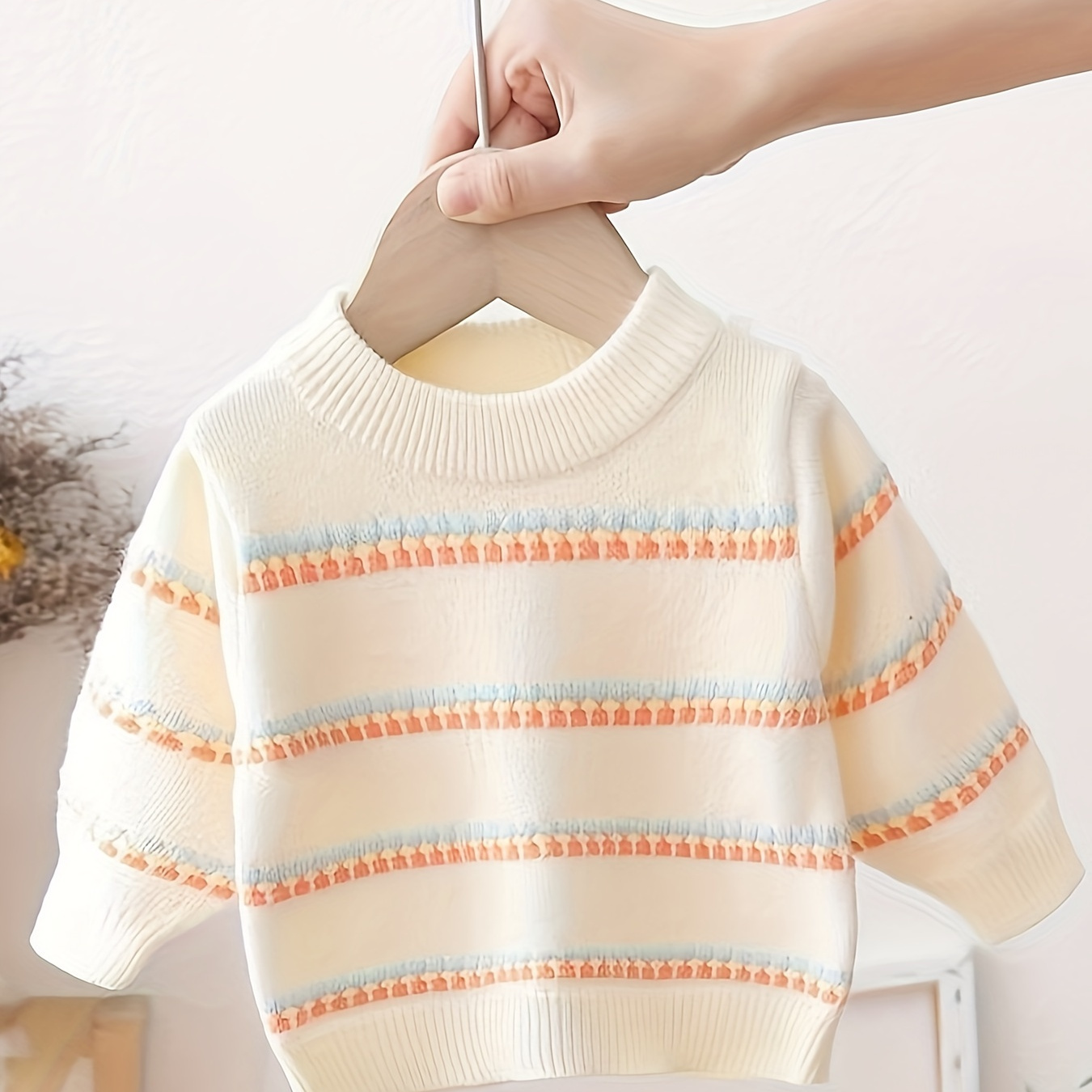 

Baby's Colorful Stripe Pattern Sweater, Casual Cable Knit Long Sleeve Top, Infant & Toddler Girl's Clothing For Fall Winter