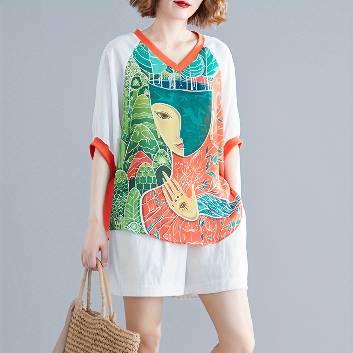 

Abstract Figure Print V Neck Blouse, Casual Batwing Sleeve Top For Spring & Summer, Women's Clothing