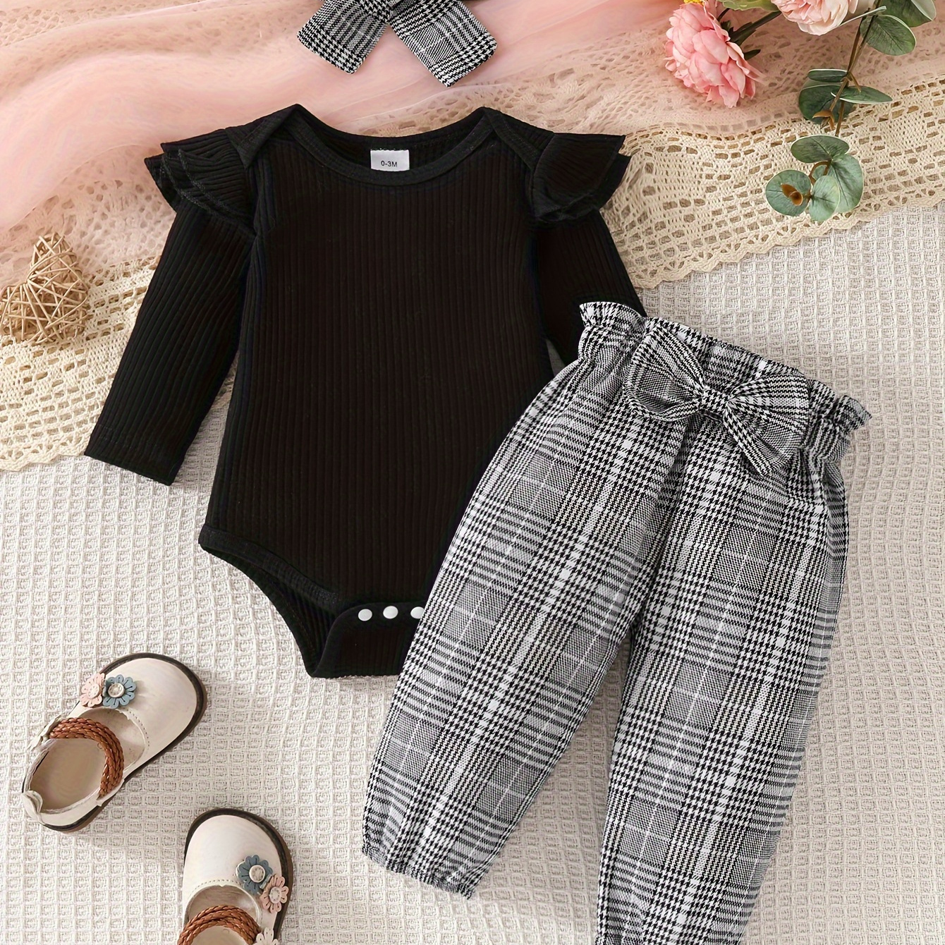 

2pcs 's Ribbed Bodysuit + Hairband + Bow Decor Pattern Pants, Toddler & Infant 's Clothing Set, Cloth