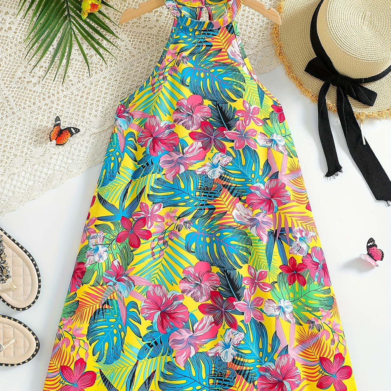 

Girls Cute Casual Tropical Leaves Print Halter Neck Sleeveless Dress For Summer Holiday Party Gift