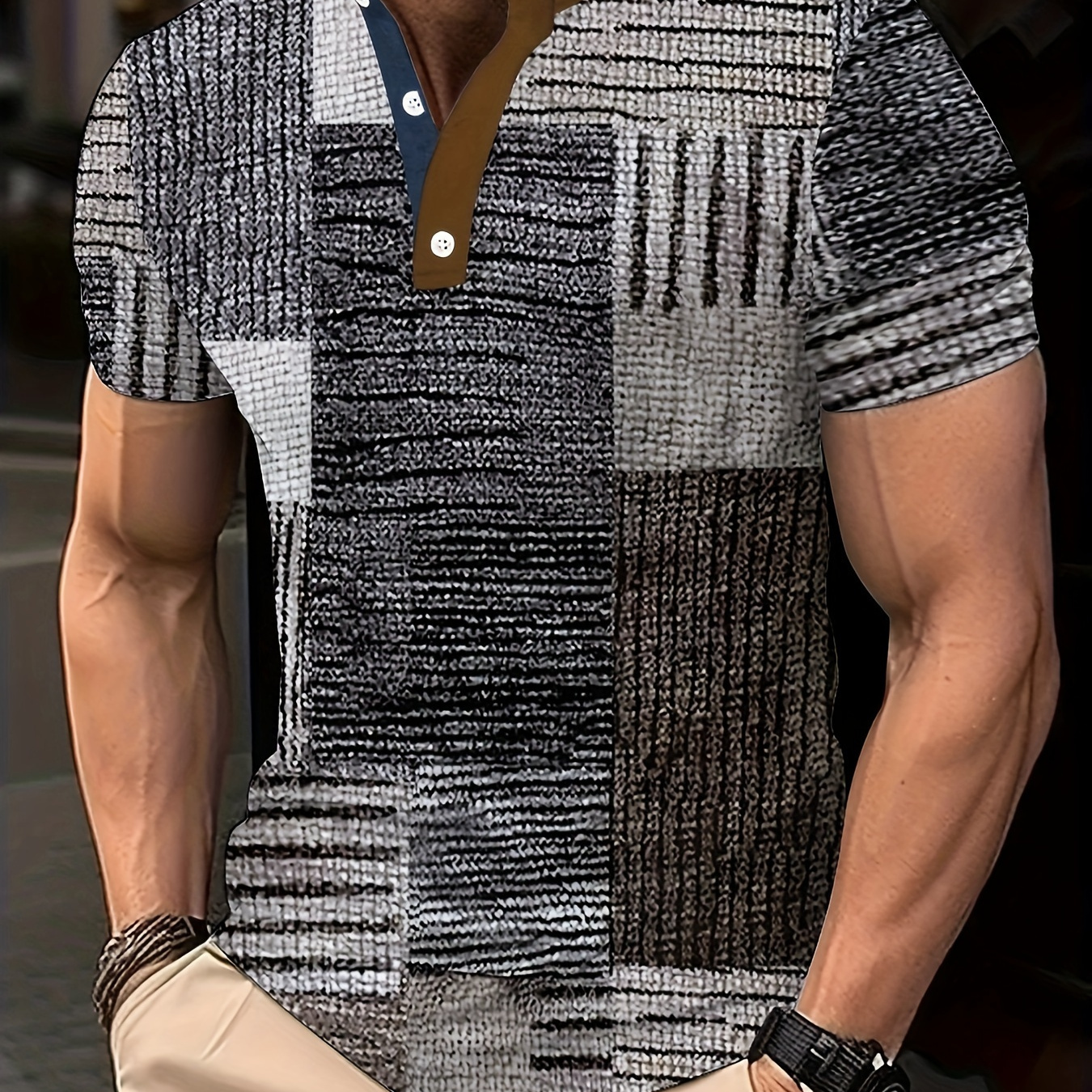 

Men's Plaid Pattern Short Sleeve Henley Shirt, Casual And Trendy Breathable Tops For Summer Outdoors Wear
