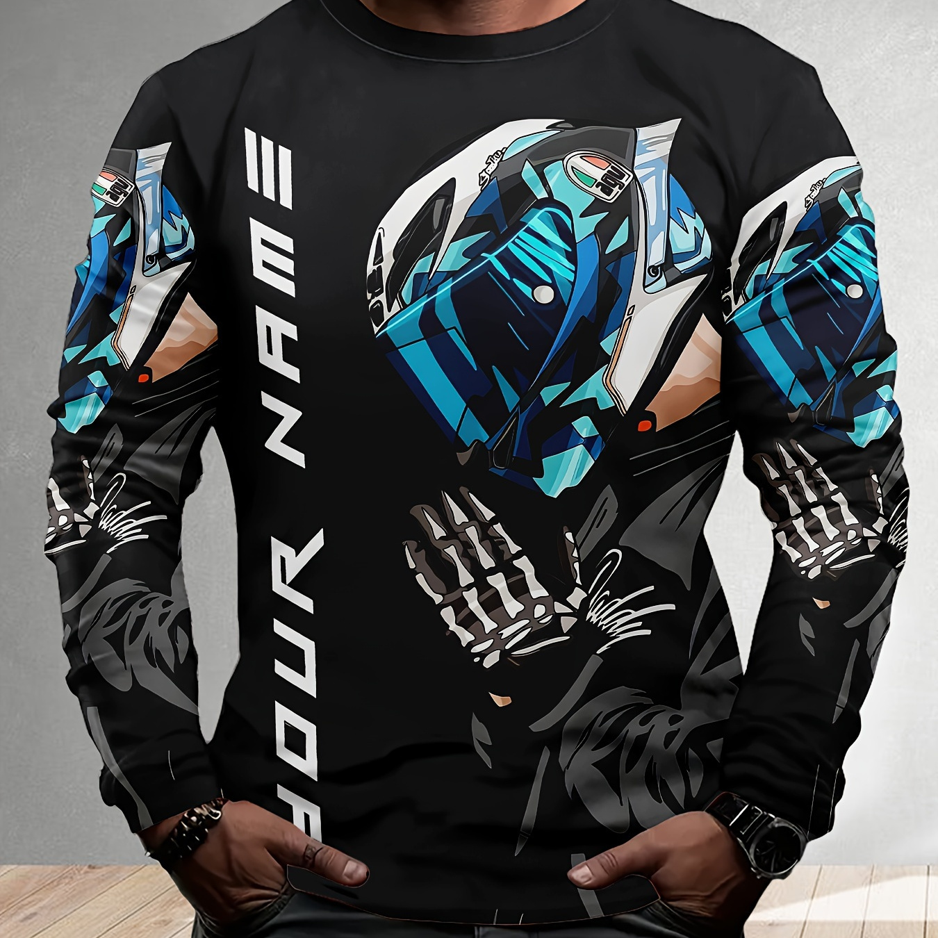 

Men's 3d Motorcycle Rider Print Long Sleeve T-shirt, Casual Crew Neck Polyester Top, Stretch Knit Fabric, Regular Fit For Adults & Teens, Spring/fall Weekend Casual Wear