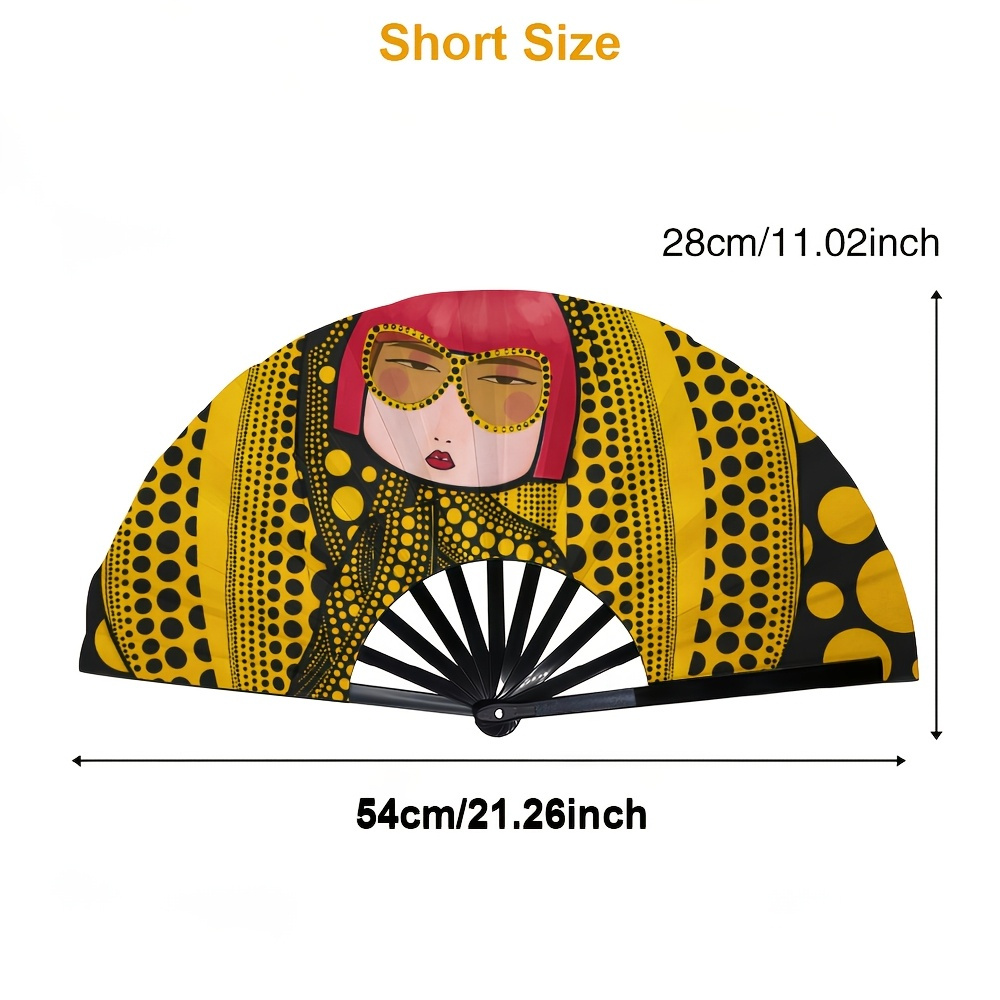 TEMU [trendy Women's Hand Fan] Lightweight Plastic Folding Fan Printed With Yellow And Black Polka Dot Art Pattern, Summer Cooling Party Essential,