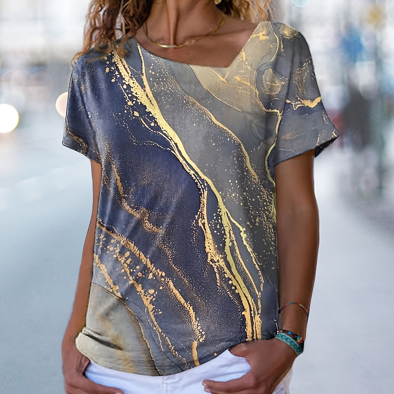 

Marble Print Short Sleeve T-shirt, Casual Summer V Neck Loose T-shirt, Women's Clothing