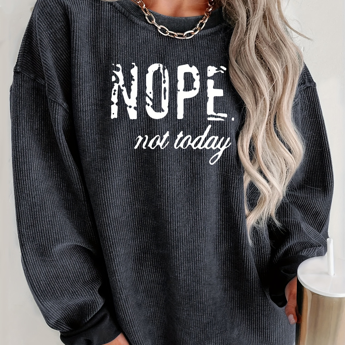 

Nope Print Pullover Sweatshirt, Casual Long Sleeve Crew Neck Sweatshirt For Fall & Winter, Women's Clothing