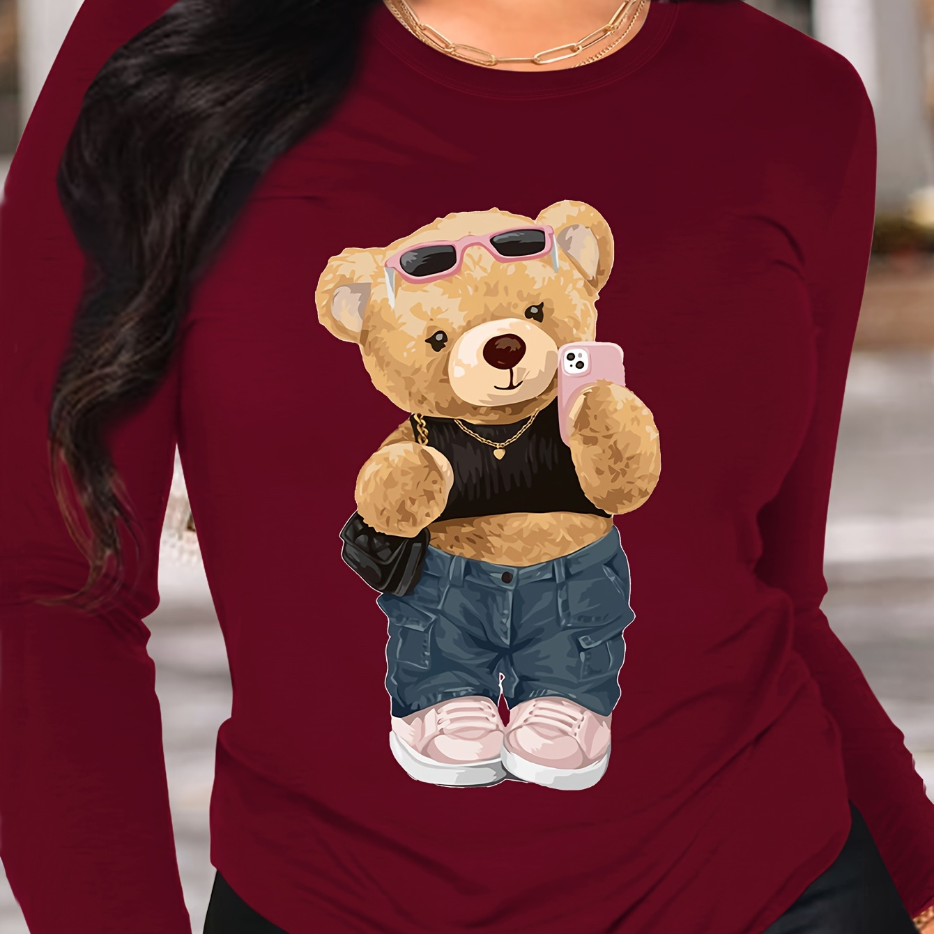 

Teddy T-shirt, Long Sleeve Crew Neck Casual Top For Spring & Fall, Women's Clothing