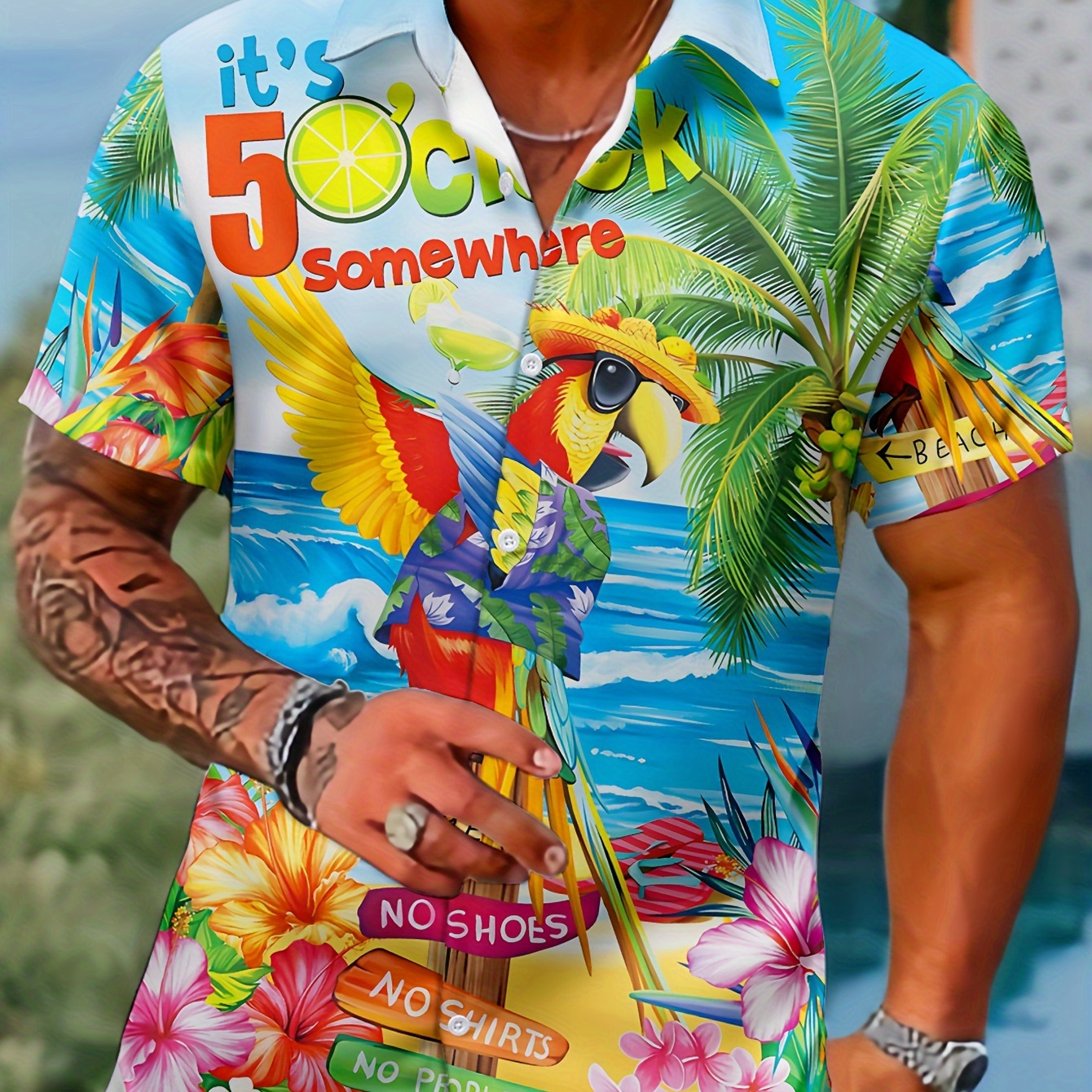 

Men's Cartoon Style Beach Themed Parrot Pattern And Floral Print Lapel Shirt With Short Sleeve And Button Down Placket, Cool And Novel Tops For Summer Leisurewear And Beach Vacation