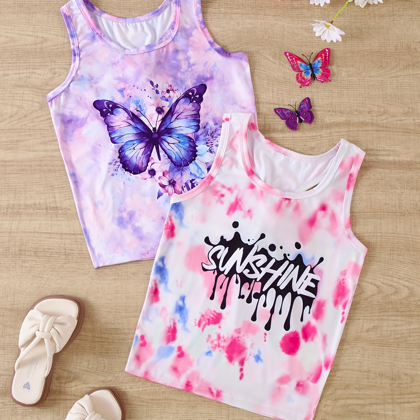 

2pcs Set Girls' Sleeveless Tank Tops, Fashion Sport Style, Butterfly & Letter Graphic , Tie-dye Design, Spring/summer Collection