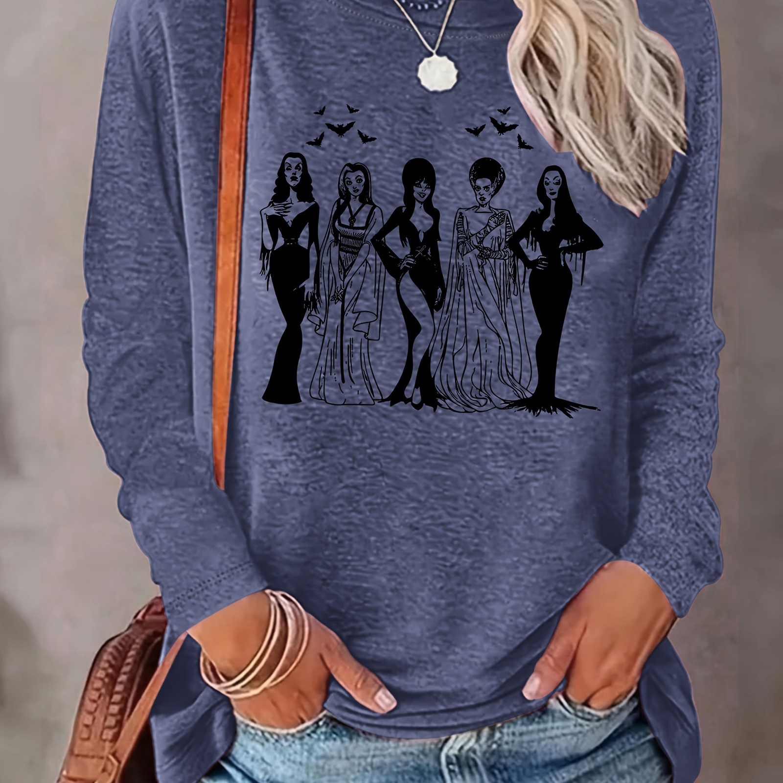 

Halloween Print T-shirt, Long Sleeve Crew Neck Casual Top For Spring & Fall, Women's Clothing