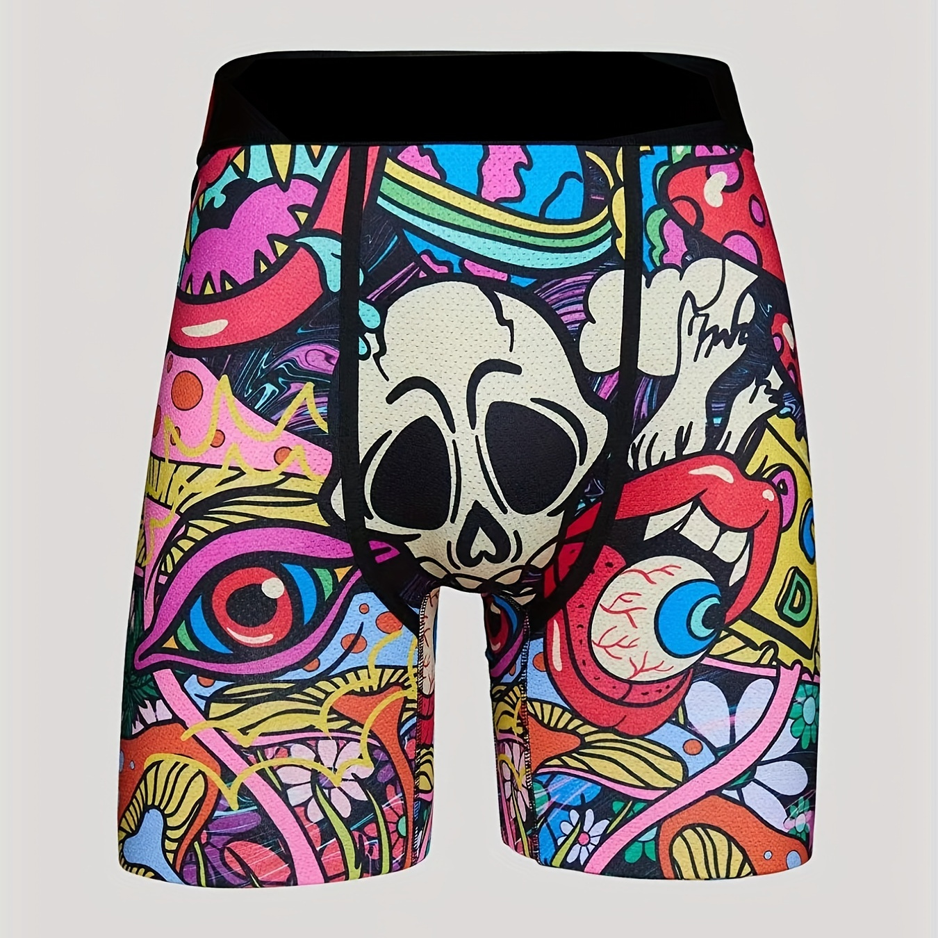 Men's Cartoon Skull Print Fashion Novelty Long Boxers Briefs, Mesh Breathable Quick Drying High Stretch Comfy Boxers Trunks, Men's Underwear