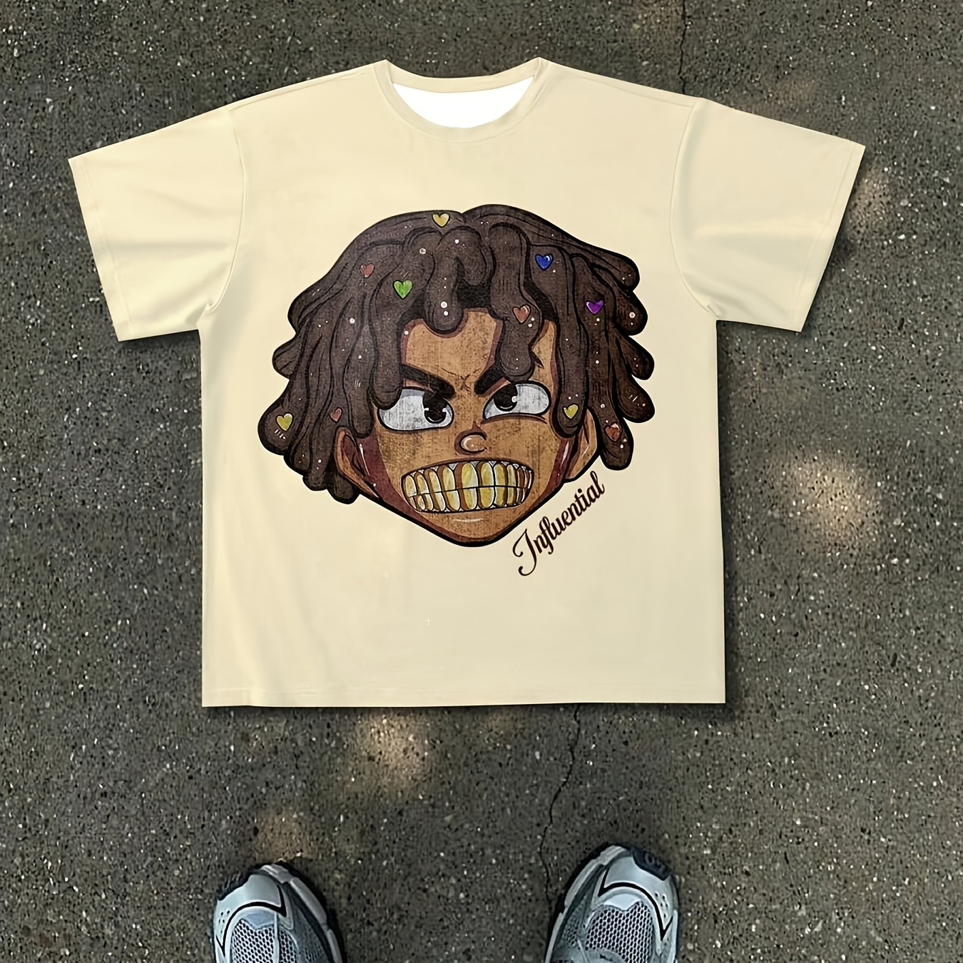 

1pc 3d Digital Cartoon Print T-shirt For Men, Summer Khaki Casual Crew Neck, Polyester Knit Fabric With Stretch, Regular Fit Short Sleeve Top For Outdoor Wear