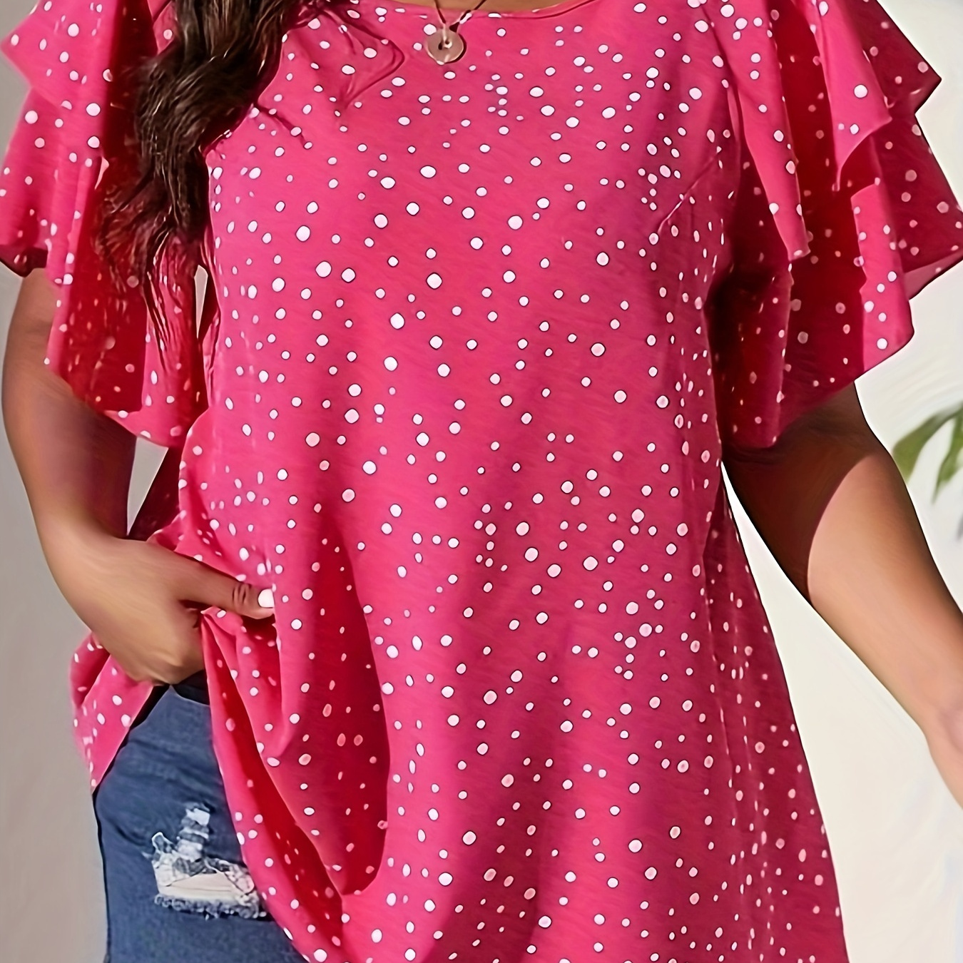 

Plus Size Polka Dots Print Blouse, Casual Crew Neck Layered Ruffle Sleeve Blouse For Spring & Summer, Women's Plus Size Clothing