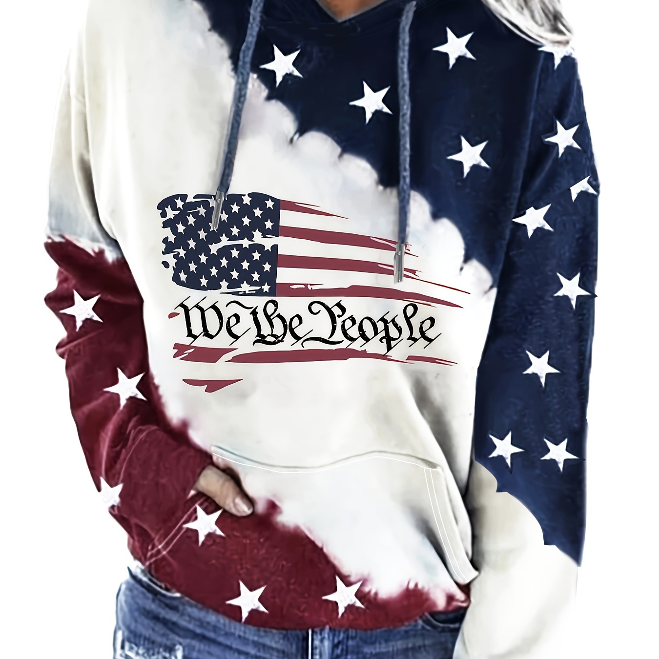 

American Flag Print Drawstring Hoodie, Casual Long Sleeve Kangaroo Pocket Sweatshirt, Women's Clothing
