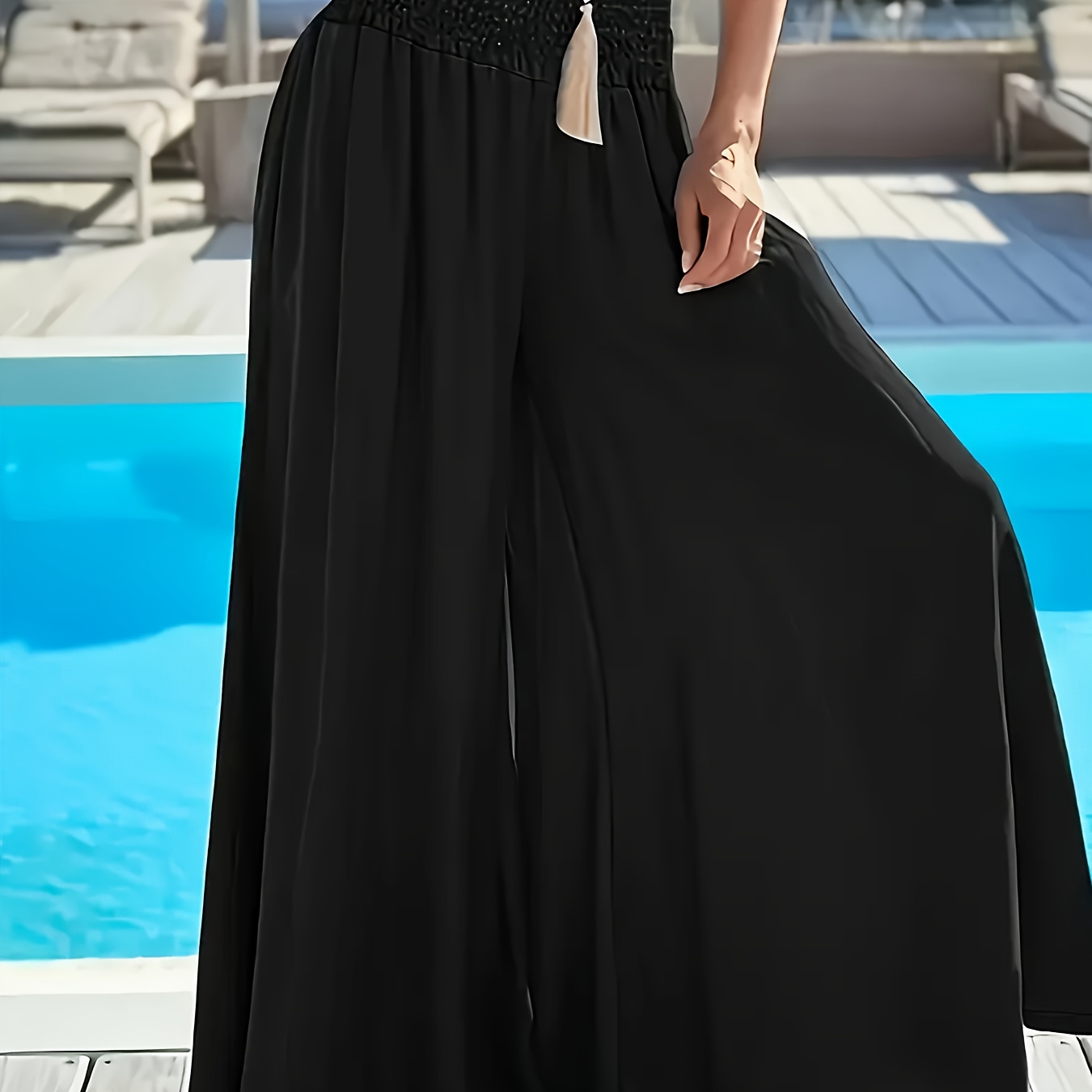 

Women's Plus Size High-waisted Wide Leg Pants - Comfortable Casual , Solid Green Polyester With Tassel Detail, Loose Fit For Relaxed