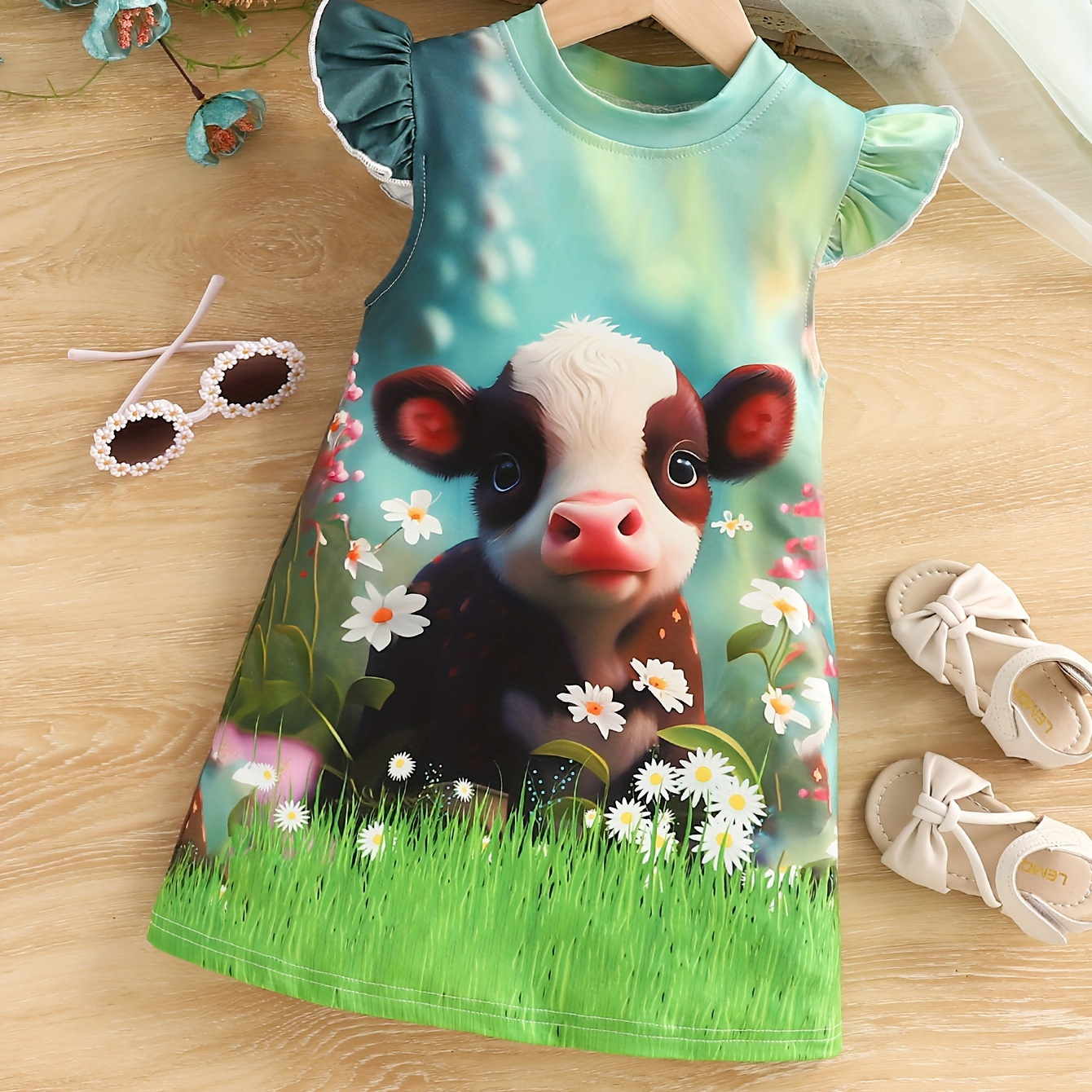 

3d Cartoon Cow/unicorn/elephant Print Flutter Trim Sleeveless Dress For Girls Summer Party Gift