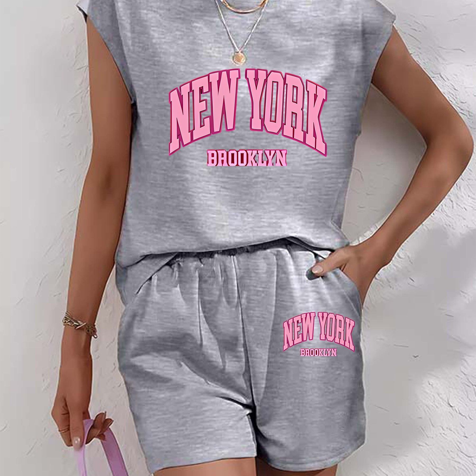 

Casual New Print 2 Pieces, Cap Sleeve Crew Neck T-shirt & Waist Shorts Outfits, Women's Clothing
