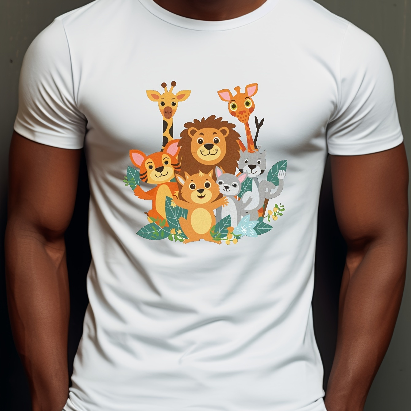 

Cartoon Animal Pattern, Men's Trendy Comfy T-shirt, Casual Slightly Stretch Breathable Tee For Outdoor, Men's Clothing