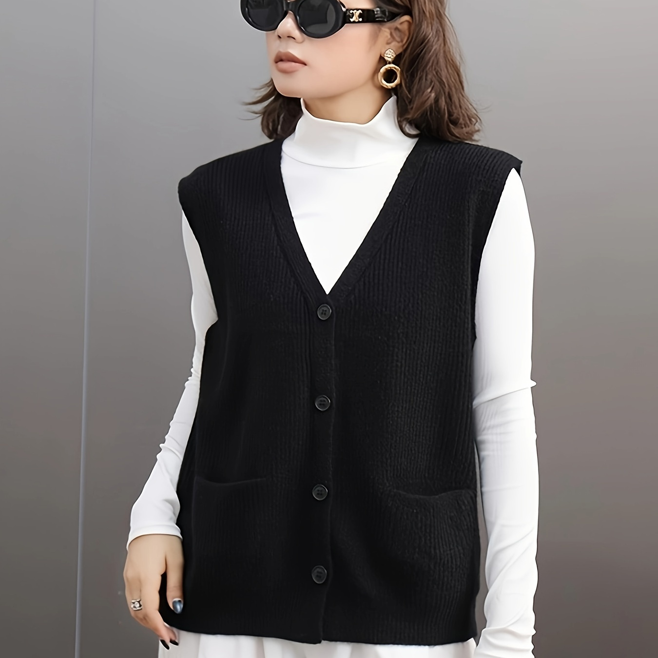

Solid Color Knitted Vest, Button Front V Neck Sleeveless Vest For Spring & Fall, Women's Clothing