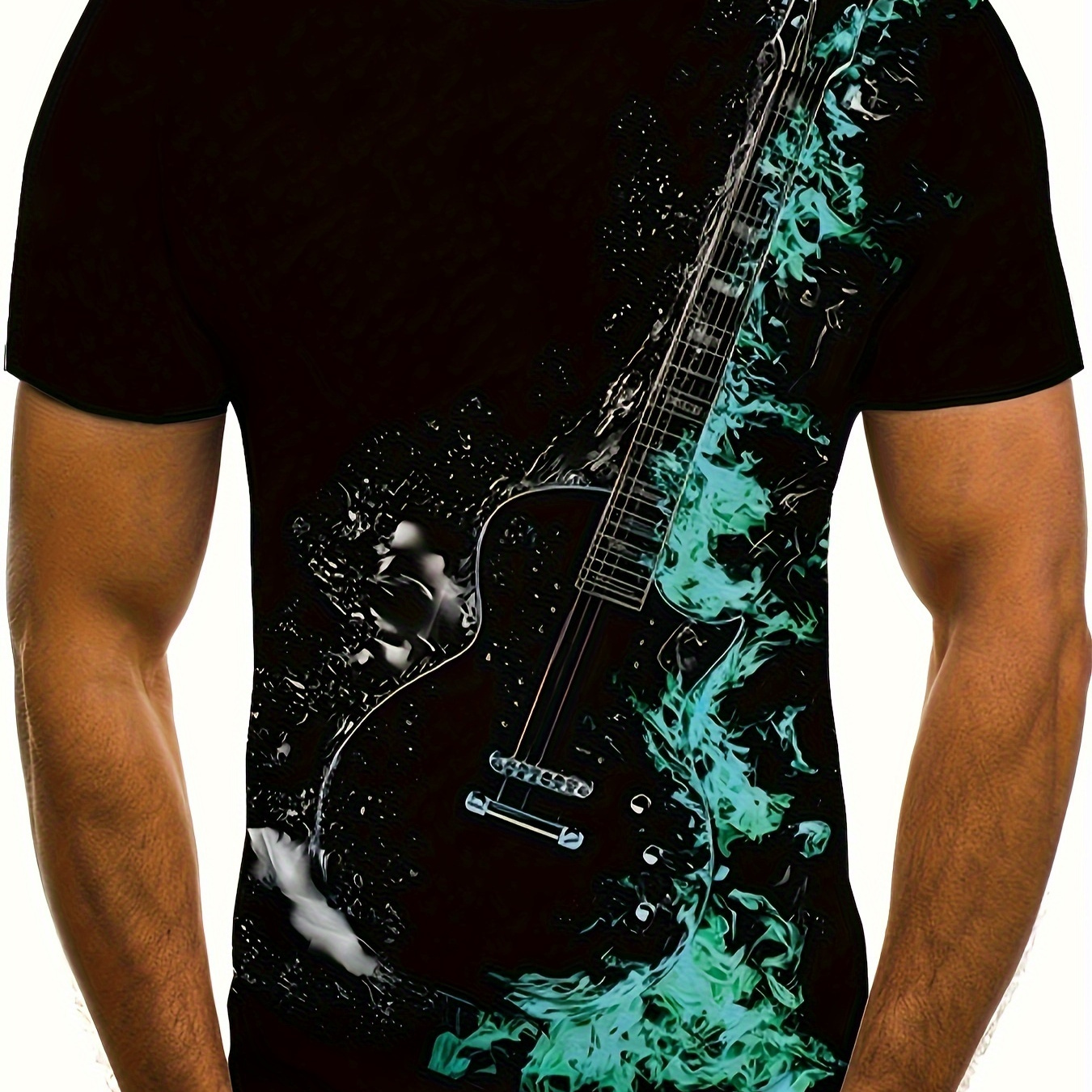 

Guitar Graphic Men's Short Sleeve T-shirt, Comfy Stretchy Trendy Tees For Summer, Casual Daily Style Fashion Clothing