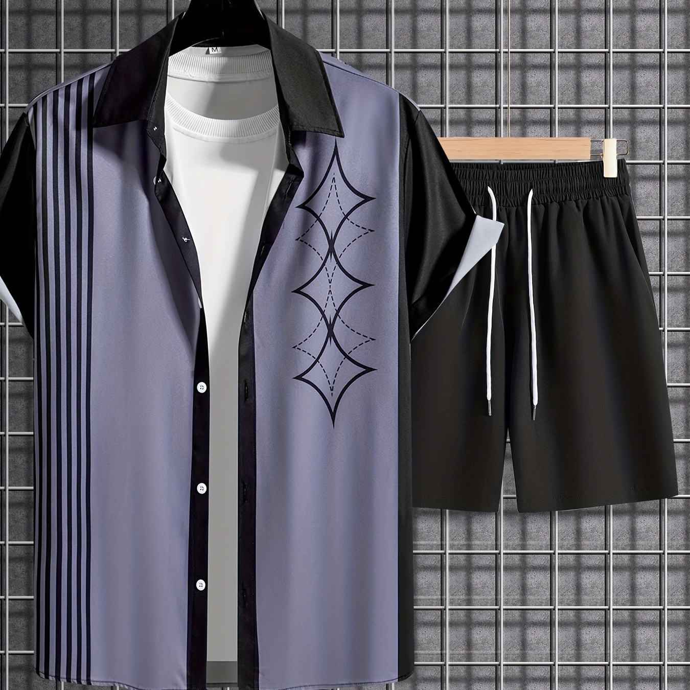 

2-piece Men's Stylish Ord Set, Men's Color Block Short Sleeve Lapel Shirt & Solid Drawstring Shorts With Pockets