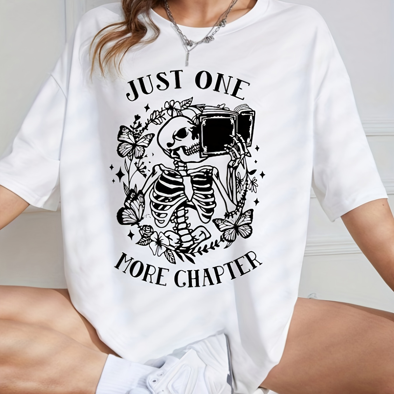 

Skull & Letter Print Drop Shoulder T-shirt, Short Sleeve Crew Neck Casual Top For Spring & Summer, Women's Clothing
