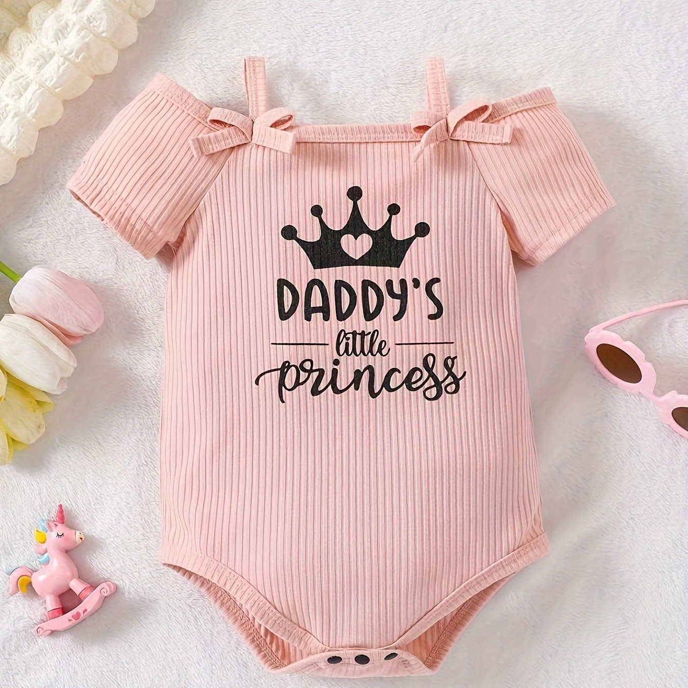 

Infant's "daddy's Little Princess" Print Trendy Bodysuit, Ribbed Off-shoulder Onesie, Baby Girl's Clothing