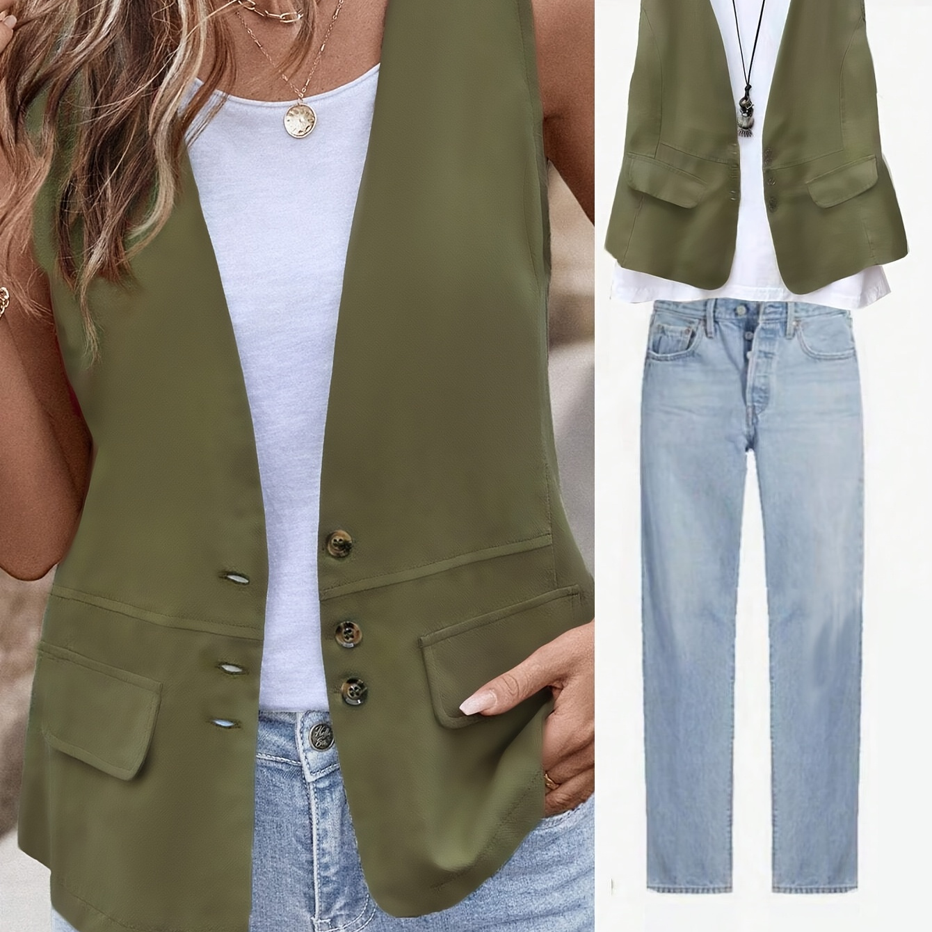 

Elegant Olive Green Sleeveless Vest For Women - Chic Button-up Polyester Tank Top With Pockets, Machine Washable, Ideal For Spring/summer/fall Fashion