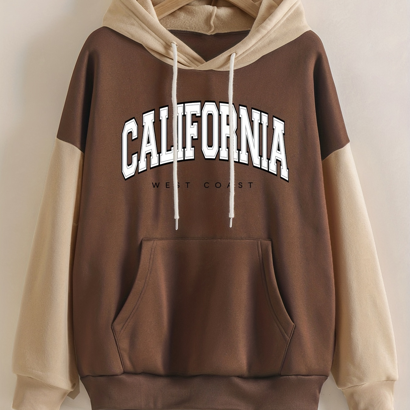 

California Print Hoodie, Color Block Drawstring Casual Hooded Sweatshirt For Winter & Fall, Women's Clothing