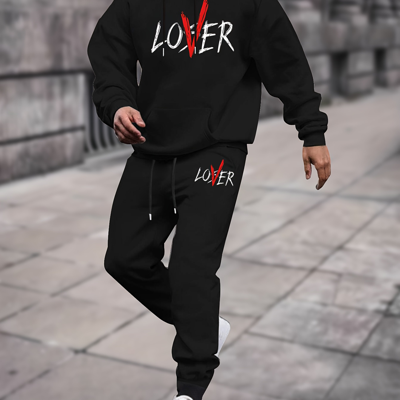 

Lover Loser Print, Men's 2pcs Outfits, Casual Long Sleeve Hooded Pullover Sweatshirt And Sweatpants Set For Spring Fall, Men's Clothing