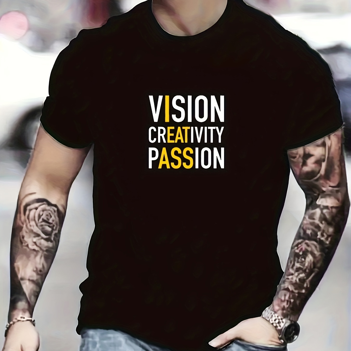 

Vision Creativity Passion Print Tees For Men, Casual Crew Neck Short Sleeve T-shirt, Comfortable Breathable T-shirt For Summer