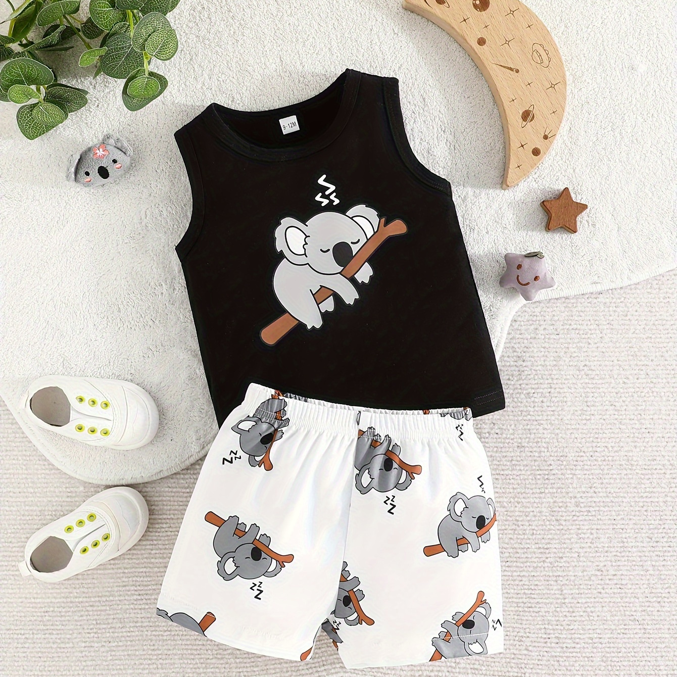 

2pcs Baby Girls Boys Sleeping Koala Print Summer Set, Tank Top & Casual Shorts, Baby Unisex Clothing, As Gift