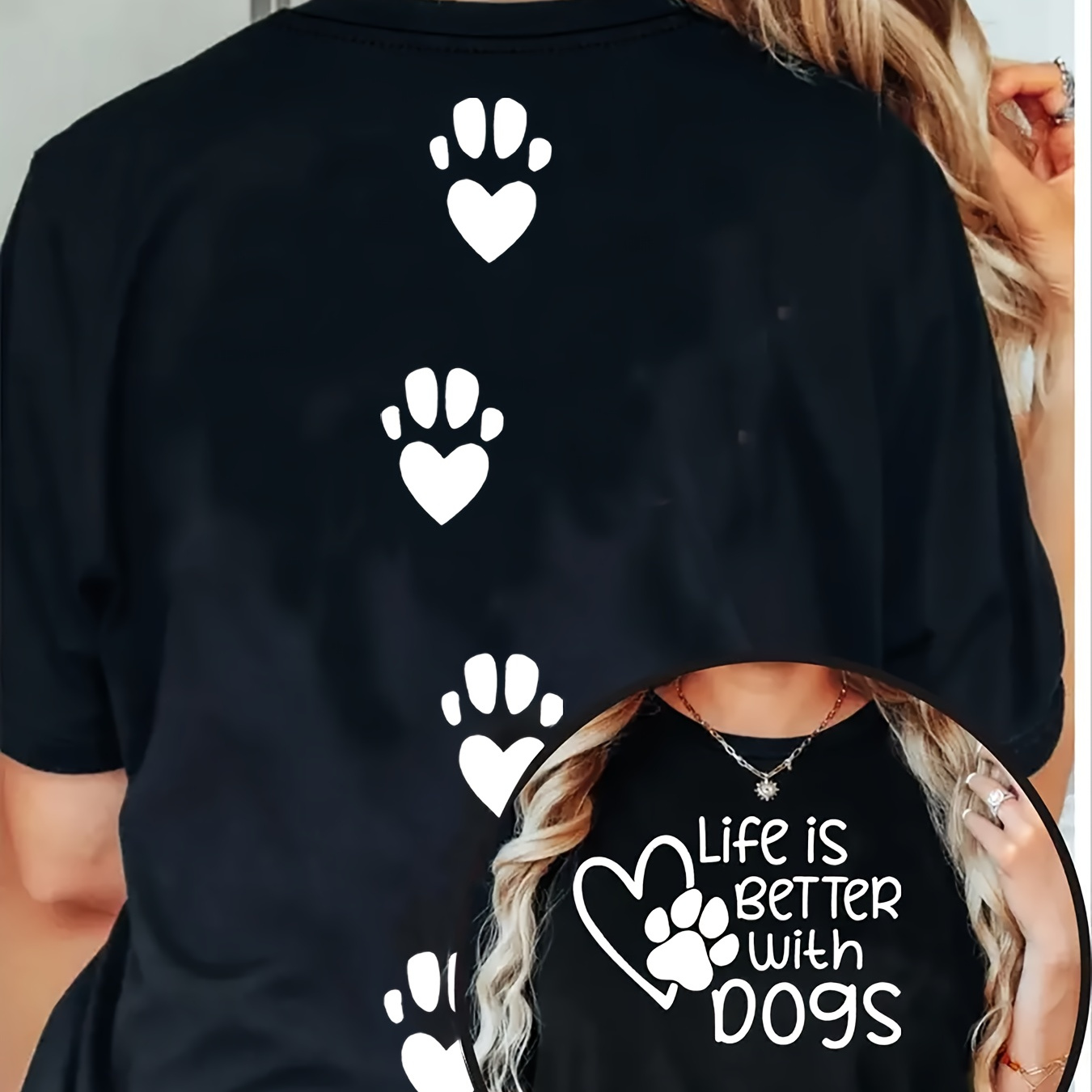 

Plus Size Dog Paw Print Crew Neck T-shirt, Casual Short Sleeve T-shirt For Spring & Summer, Women's Plus Size Clothing