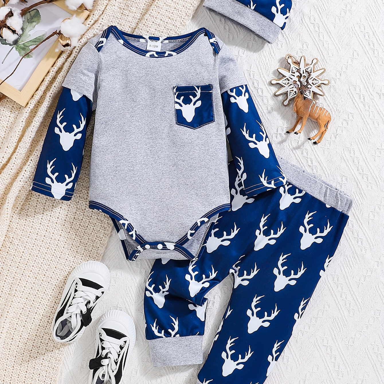 

2pcs Baby's Cartoon Elk Pattern Splicing Bodysuit & Hat & Casual Pants, Toddler & Infant Boy's Clothing Set For Spring Fall Christmas