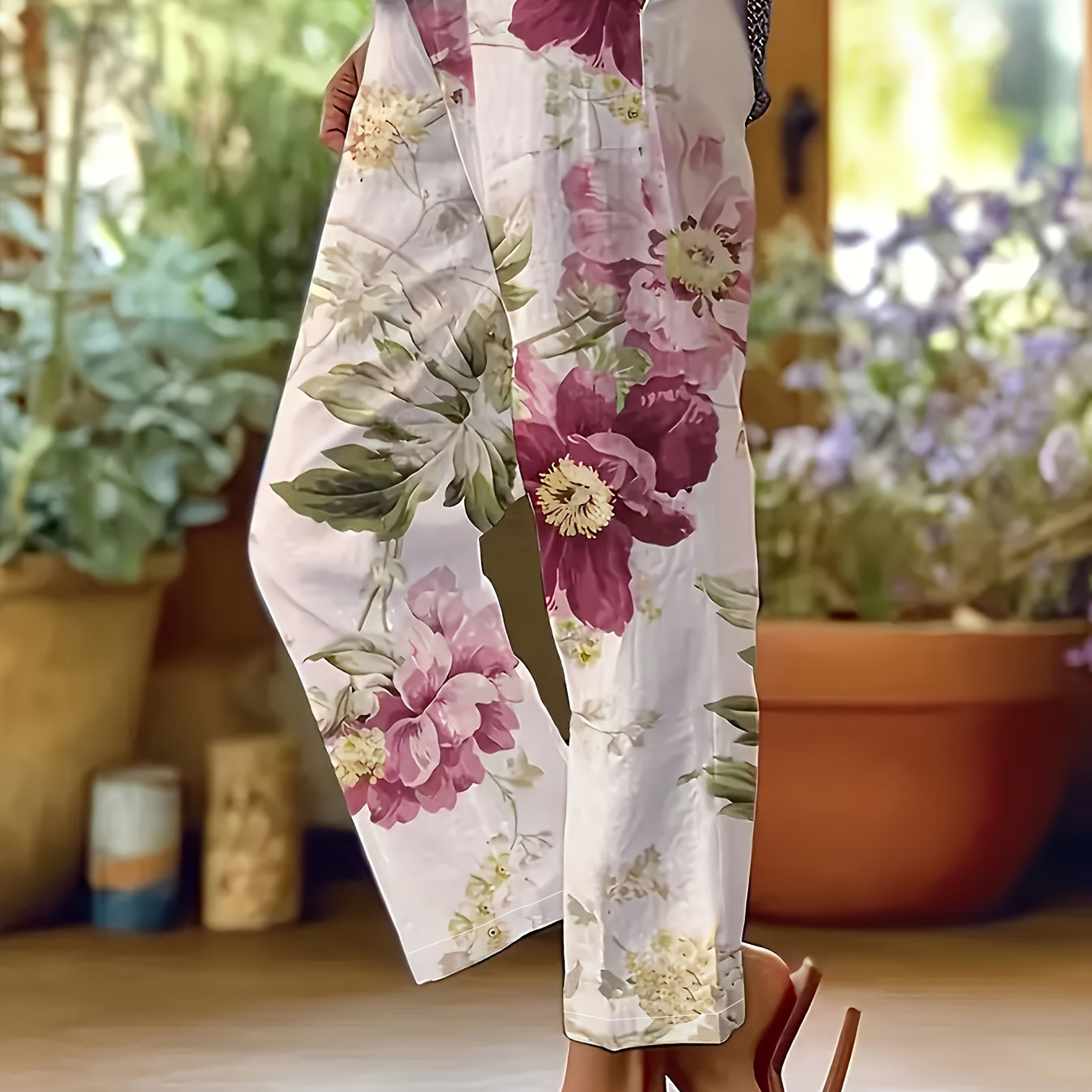 

Pantalon à jambes droites imprimé Floral grande taille, pantalon taille élastique décontracté pour et l'été, vêtements grande taille pour femmes