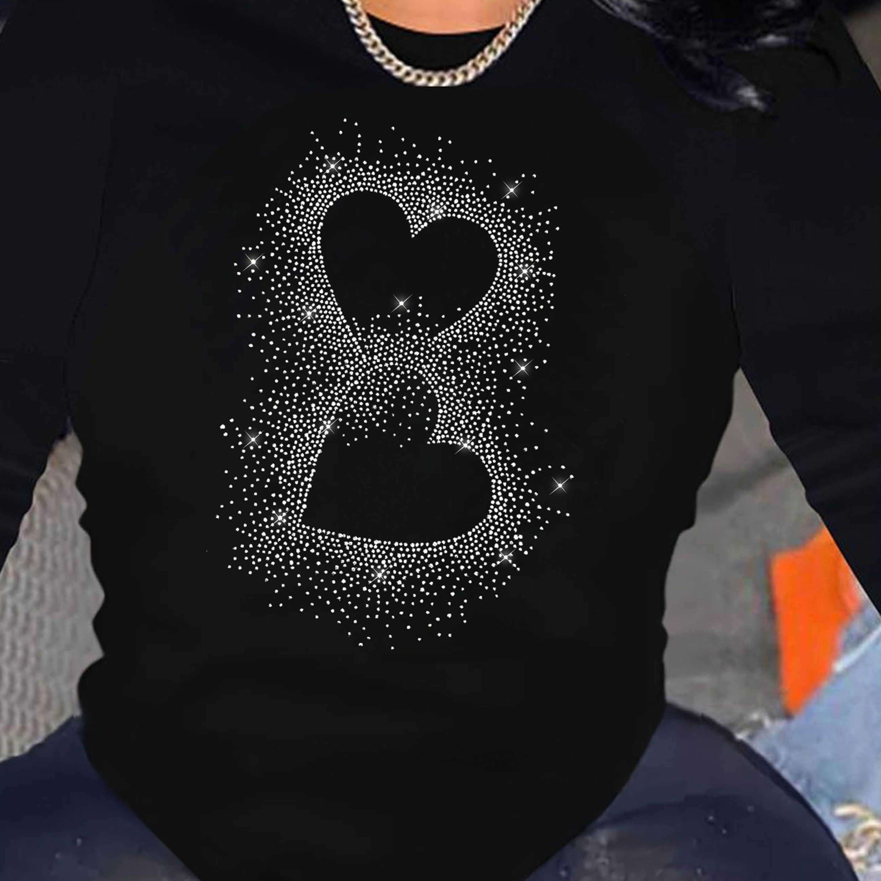 

Plus Size Casual T-shirt, Women's Plus Rhinestone Heart Print Long Sleeve Round Neck Slight Stretch T-shirt