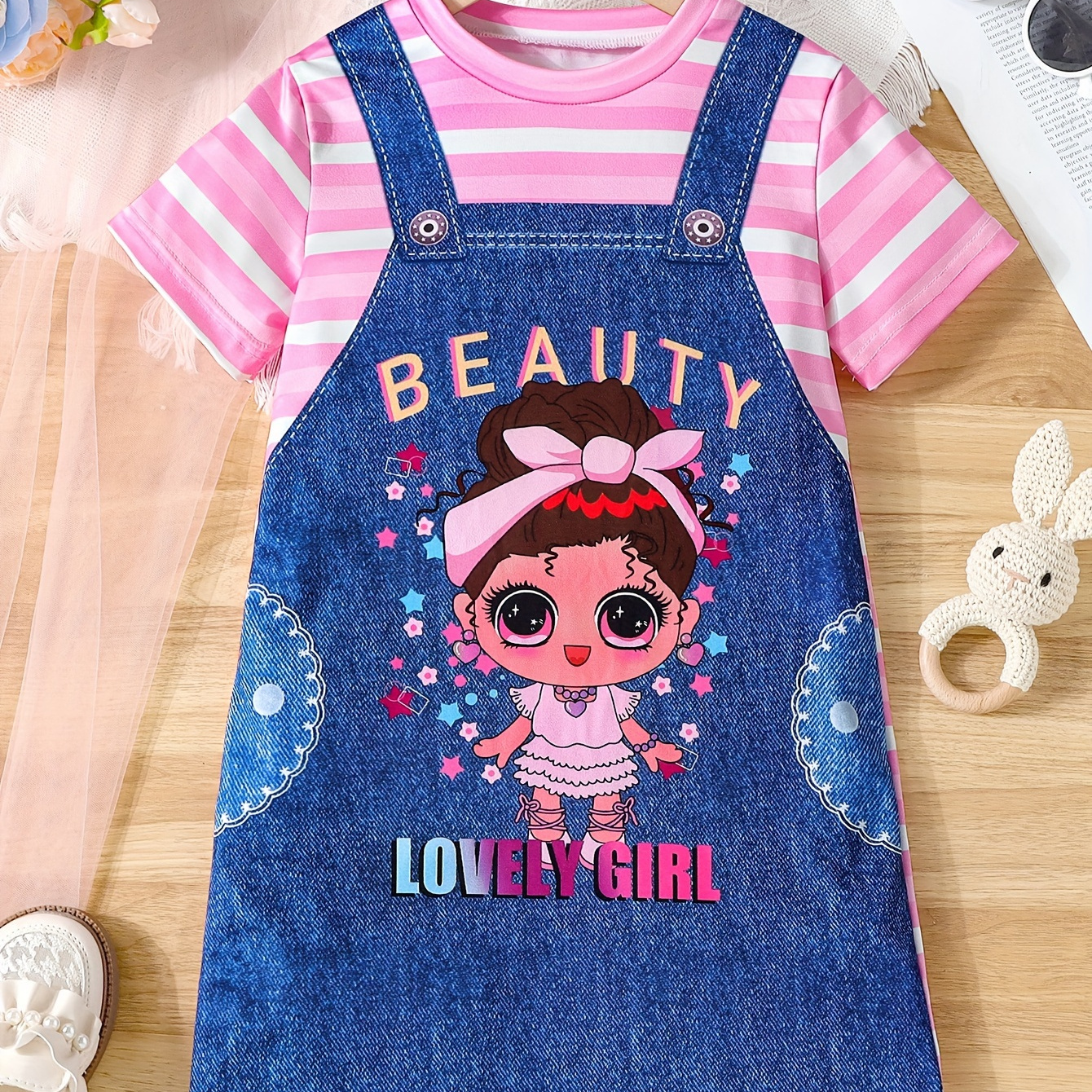 

Lovely Doll & Suspender Pattern Striped T-shirt Dress For Girls Comfy Short Sleeve Casual Dresses, Summer Clothing Gift