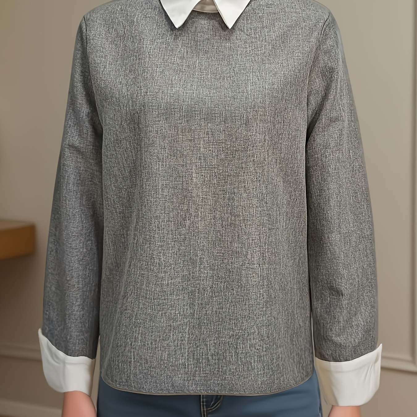 

Elegant Women's Long Sleeve Patchwork Blouse - Chic Gray With , Polyester, Machine Washable, Ideal For Casual Or Dressy , Top|chic Collar Design| Texture