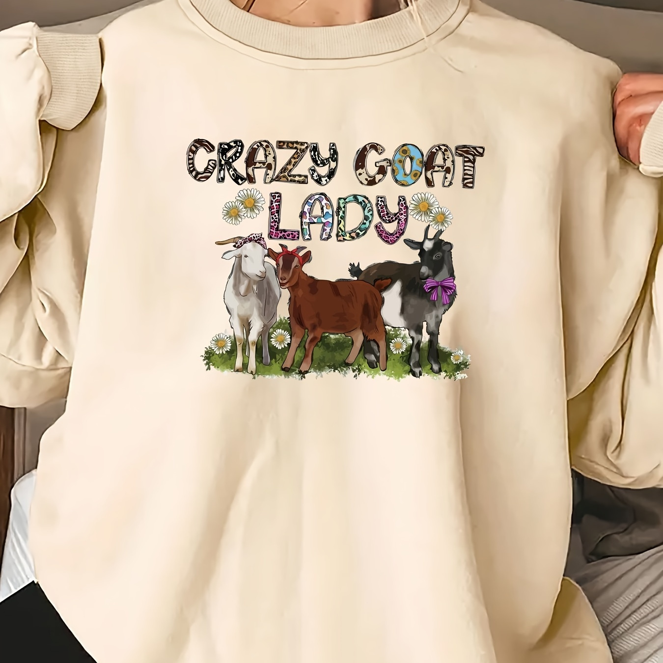 

Plus Size Crazy Goat Lady Print Pullover Sweatshirt, Casual Long Sleeve Crew Neck Sweatshirt For Fall & Spring, Women's Plus Size Clothing