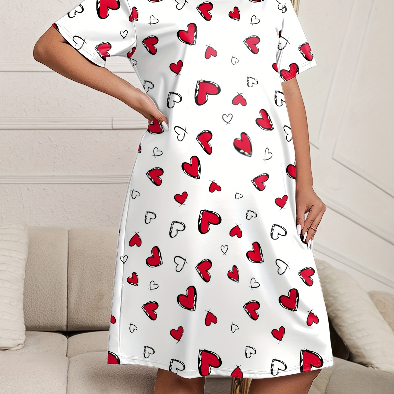 

Plus Size Hearts Graphic Print, Comfy Trendy Maternity Night Dress For Pregnant Women, Gender Reveal